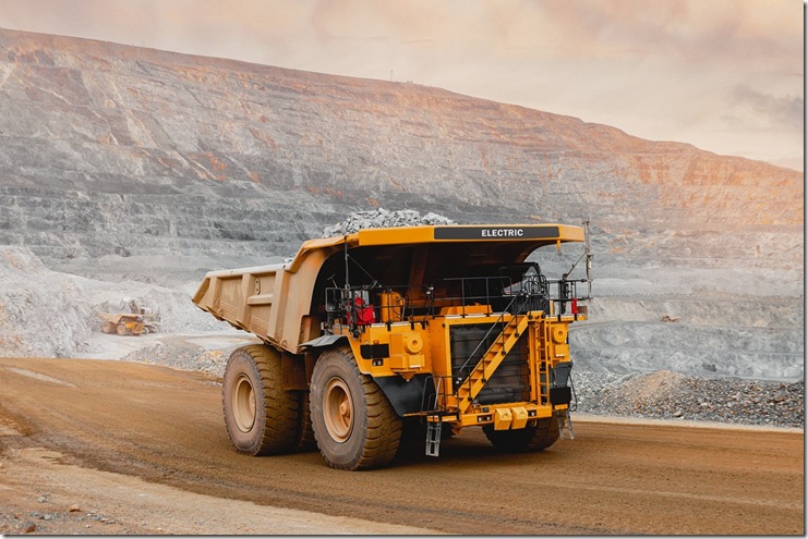 Banner open pit mine industry, big yellow mining truck for gold ore.