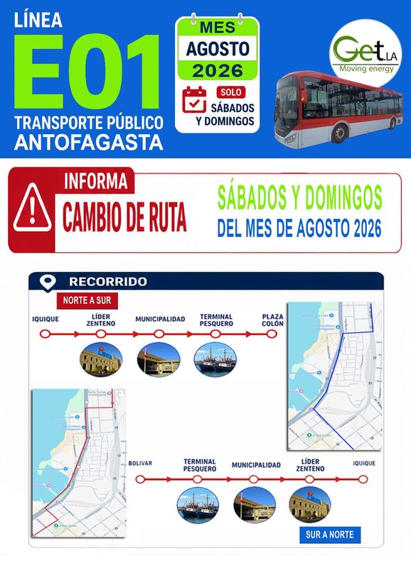 LA LÍNEA E01 DE BUSES ELÉCTRICOS DE ANTOFAGASTA MODIFICA SU RECORRIDO DURANTE LOS FINES DE SEMANA Taxibus eléctrico de la Línea E01 circulando por las calles de Antofagasta