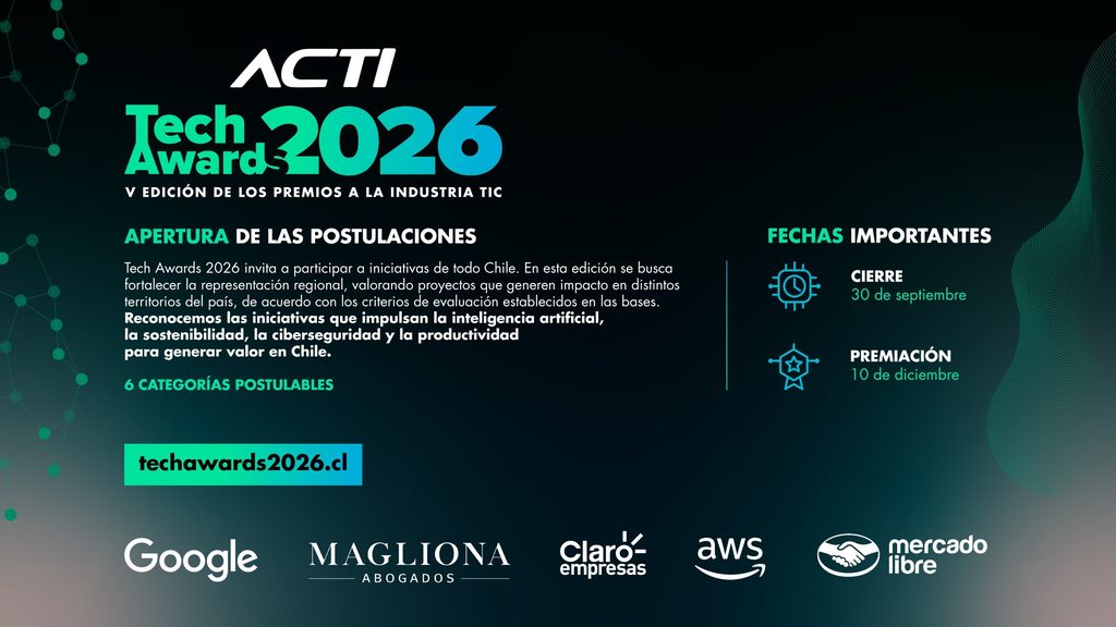 ACTI ABRE CONVOCATORIA A LOS TECH AWARDS 2026 CON FOCO EN INTELIGENCIA ARTIFICIAL, SOSTENIBILIDAD Y TALENTO REGIONAL Logotipo y ceremonia de los Tech Awards 2026 organizados por la Asociación Chilena de Empresas de Tecnologías de Información
