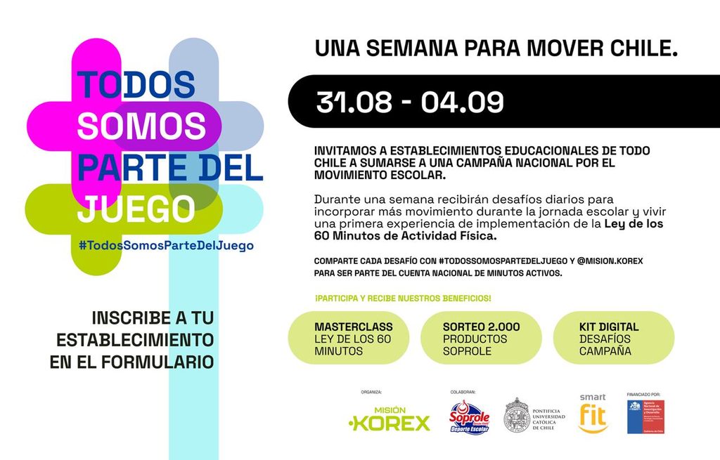 CONVOCATORIA ABIERTA: INICIATIVA NACIONAL IMPULSA LA ACTIVIDAD FÍSICA EN COLEGIOS DE TODO CHILE Estudiantes participando en actividades físicas y juegos recreativos en un patio escolar chileno