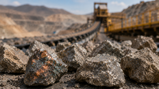 Personal minero analizando muestras de mineral de cobre en una planta de procesamiento en Chile