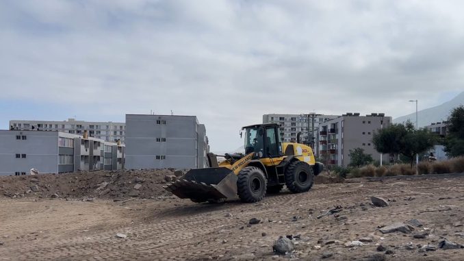Personal municipal realizando labores de limpieza y retiro de escombros en un sitio eriazo de Antofagasta