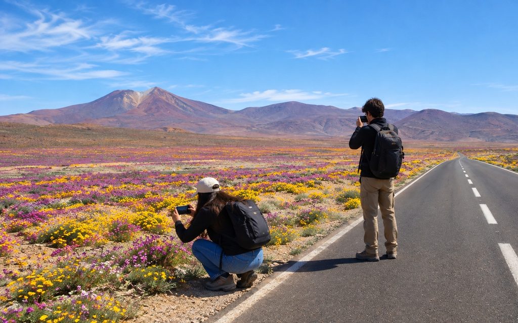 Pasajeros abordando un bus en Santiago para viajar a ver el desierto florido en el norte de Chile
